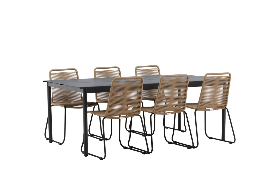 Venture Home Modena - Dining Table- Black - Aluminium - 200*100cm _1+ Lindos Stacking Chair - Black Alu / Latte Rope _6