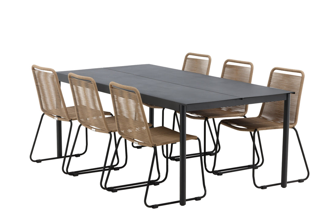 Venture Home Modena - Dining Table- Black - Aluminium - 200*100cm _1+ Lindos Stacking Chair - Black Alu / Latte Rope _6