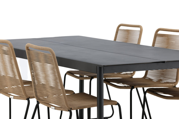 Venture Home Modena - Dining Table- Black - Aluminium - 200*100cm _1+ Lindos Stacking Chair - Black Alu / Latte Rope _6