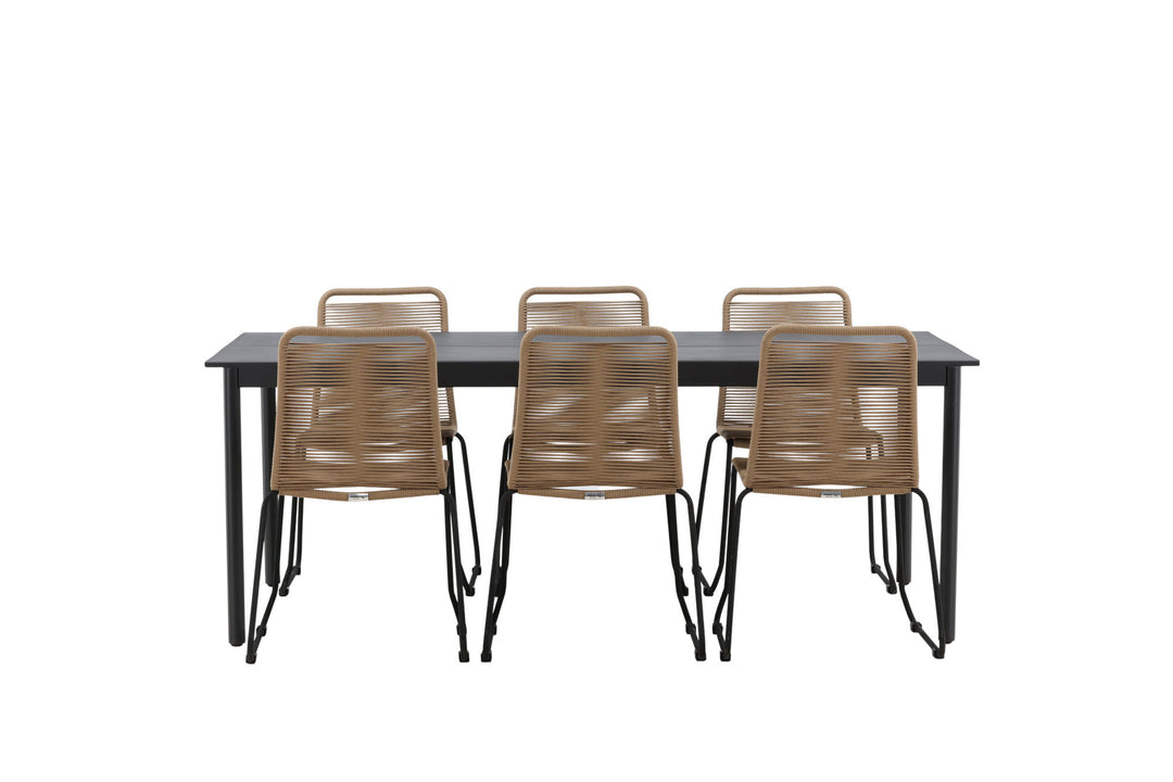 Venture Home Modena - Dining Table- Black - Aluminium - 200*100cm _1+ Lindos Stacking Chair - Black Alu / Latte Rope _6