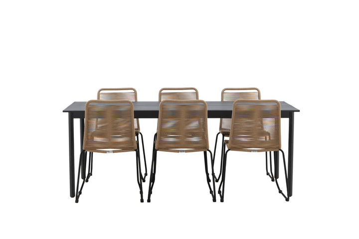 Venture Home Modena - Dining Table- Black - Aluminium - 200*100cm _1+ Lindos Stacking Chair - Black Alu / Latte Rope _6