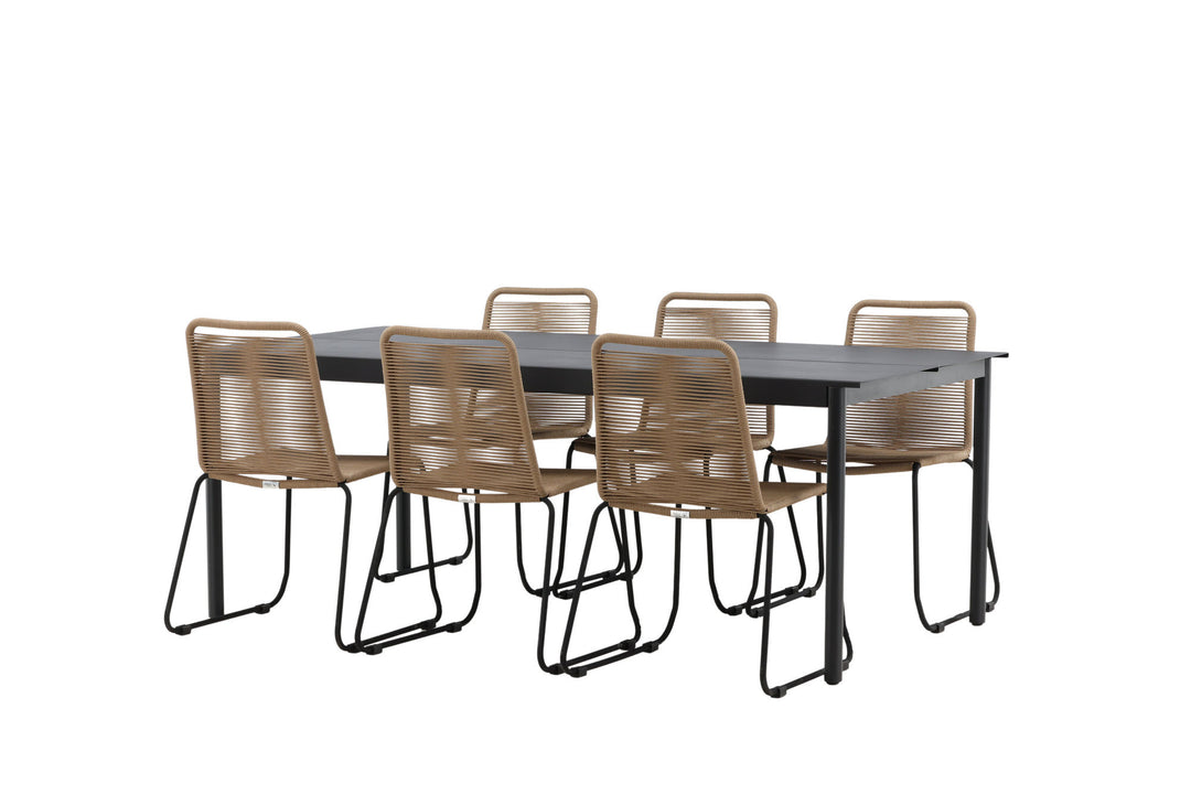 Venture Home Modena - Dining Table- Black - Aluminium - 200*100cm _1+ Lindos Stacking Chair - Black Alu / Latte Rope _6