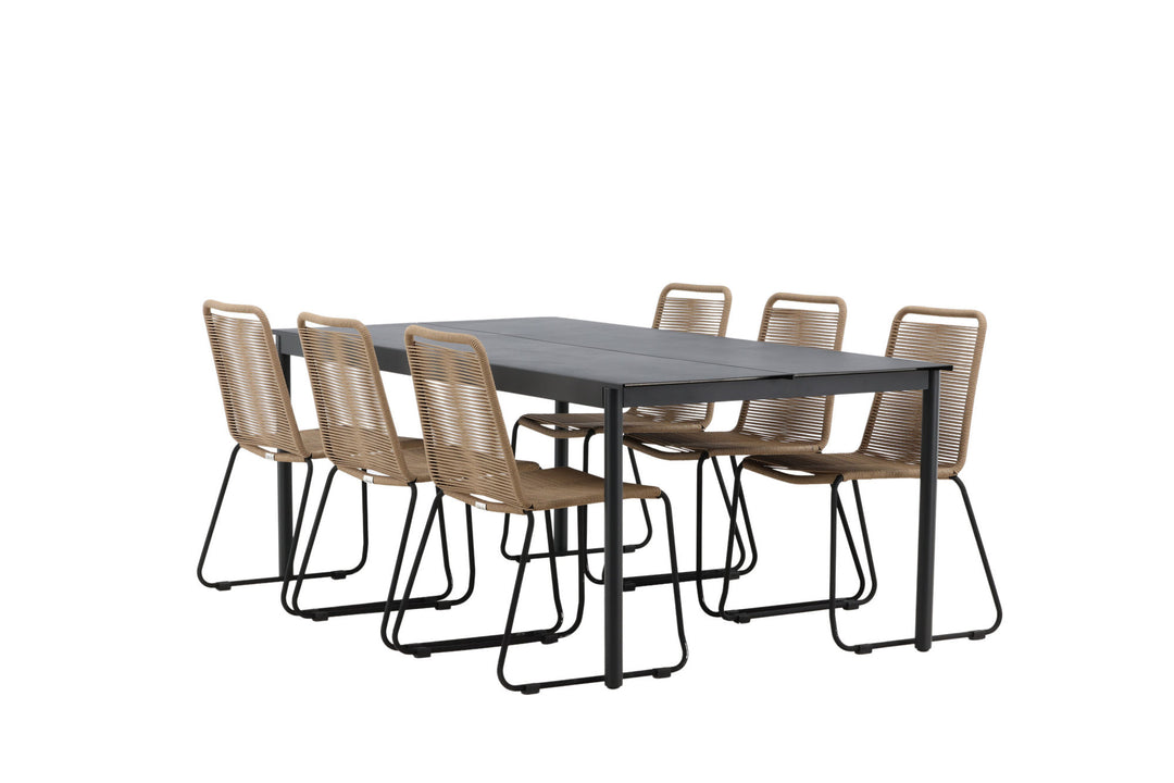 Venture Home Modena - Dining Table- Black - Aluminium - 200*100cm _1+ Lindos Stacking Chair - Black Alu / Latte Rope _6