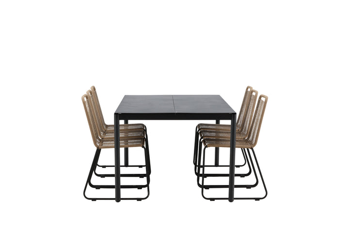 Venture Home Modena - Dining Table- Black - Aluminium - 200*100cm _1+ Lindos Stacking Chair - Black Alu / Latte Rope _6