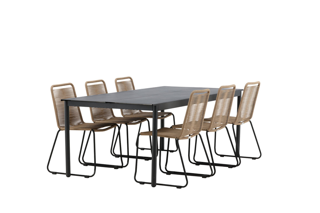 Venture Home Modena - Dining Table- Black - Aluminium - 200*100cm _1+ Lindos Stacking Chair - Black Alu / Latte Rope _6