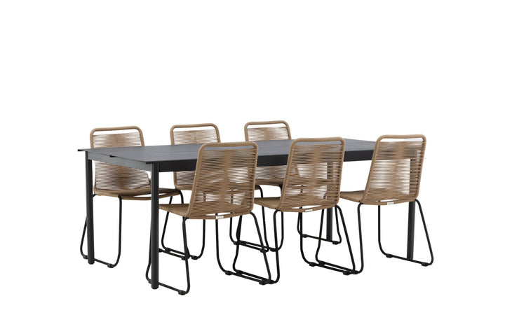 Venture Home Modena - Dining Table- Black - Aluminium - 200*100cm _1+ Lindos Stacking Chair - Black Alu / Latte Rope _6