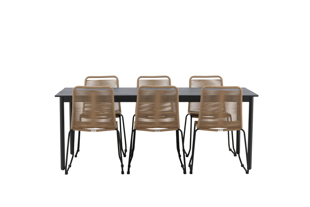 Venture Home Modena - Dining Table- Black - Aluminium - 200*100cm _1+ Lindos Stacking Chair - Black Alu / Latte Rope _6