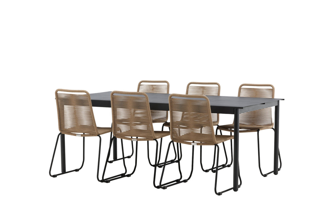 Venture Home Modena - Dining Table- Black - Aluminium - 200*100cm _1+ Lindos Stacking Chair - Black Alu / Latte Rope _6