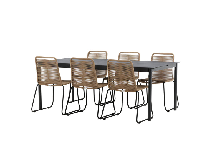 Venture Home Modena - Dining Table- Black - Aluminium - 200*100cm _1+ Lindos Stacking Chair - Black Alu / Latte Rope _6