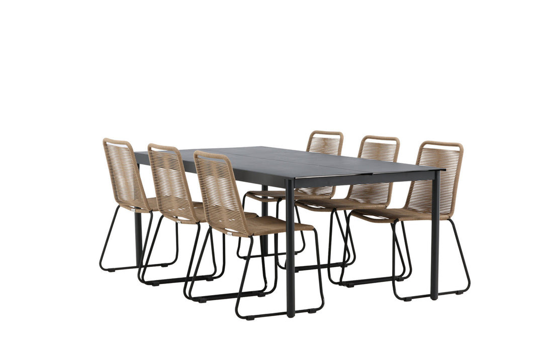 Venture Home Modena - Dining Table- Black - Aluminium - 200*100cm _1+ Lindos Stacking Chair - Black Alu / Latte Rope _6