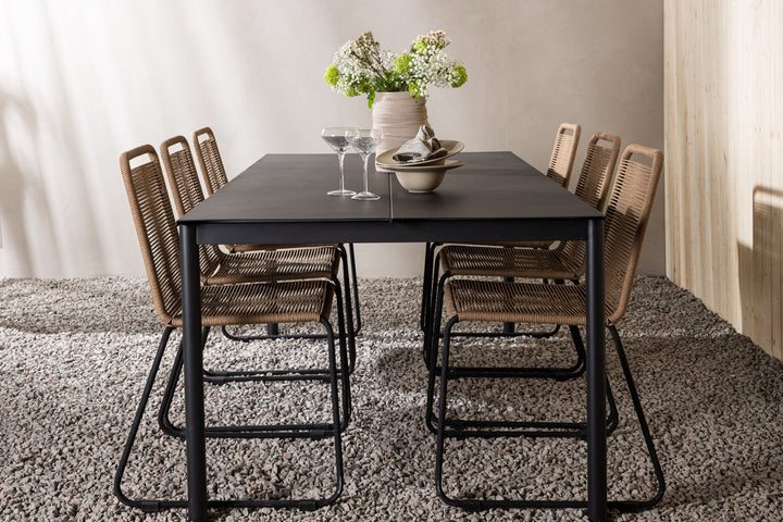 Venture Home Modena - Dining Table- Black - Aluminium - 200*100cm _1+ Lindos Stacking Chair - Black Alu / Latte Rope _6