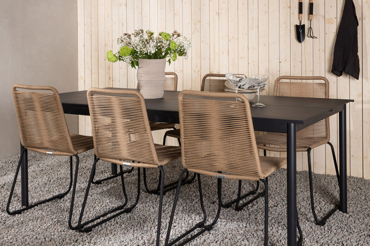 Venture Home Modena - Dining Table- Black - Aluminium - 200*100cm _1+ Lindos Stacking Chair - Black Alu / Latte Rope _6