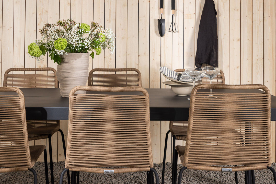 Venture Home Modena - Dining Table- Black - Aluminium - 200*100cm _1+ Lindos Stacking Chair - Black Alu / Latte Rope _6