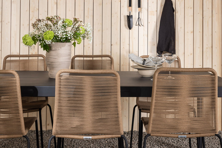 Venture Home Modena - Dining Table- Black - Aluminium - 200*100cm _1+ Lindos Stacking Chair - Black Alu / Latte Rope _6