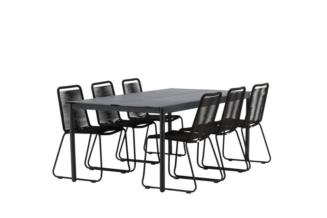 Venture Home Modena - Dining Table- Black - Aluminium - 200*100cm +Lindos Stacking Chair - Black Alu / Black Rope _6