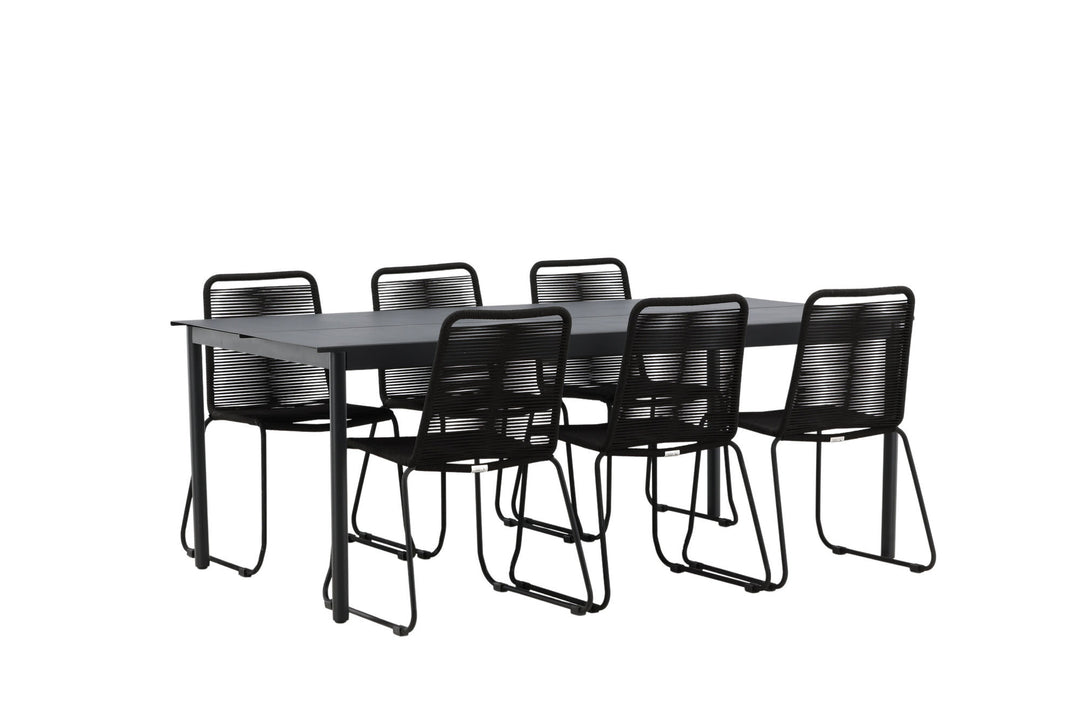 Venture Home Modena - Dining Table- Black - Aluminium - 200*100cm +Lindos Stacking Chair - Black Alu / Black Rope _6