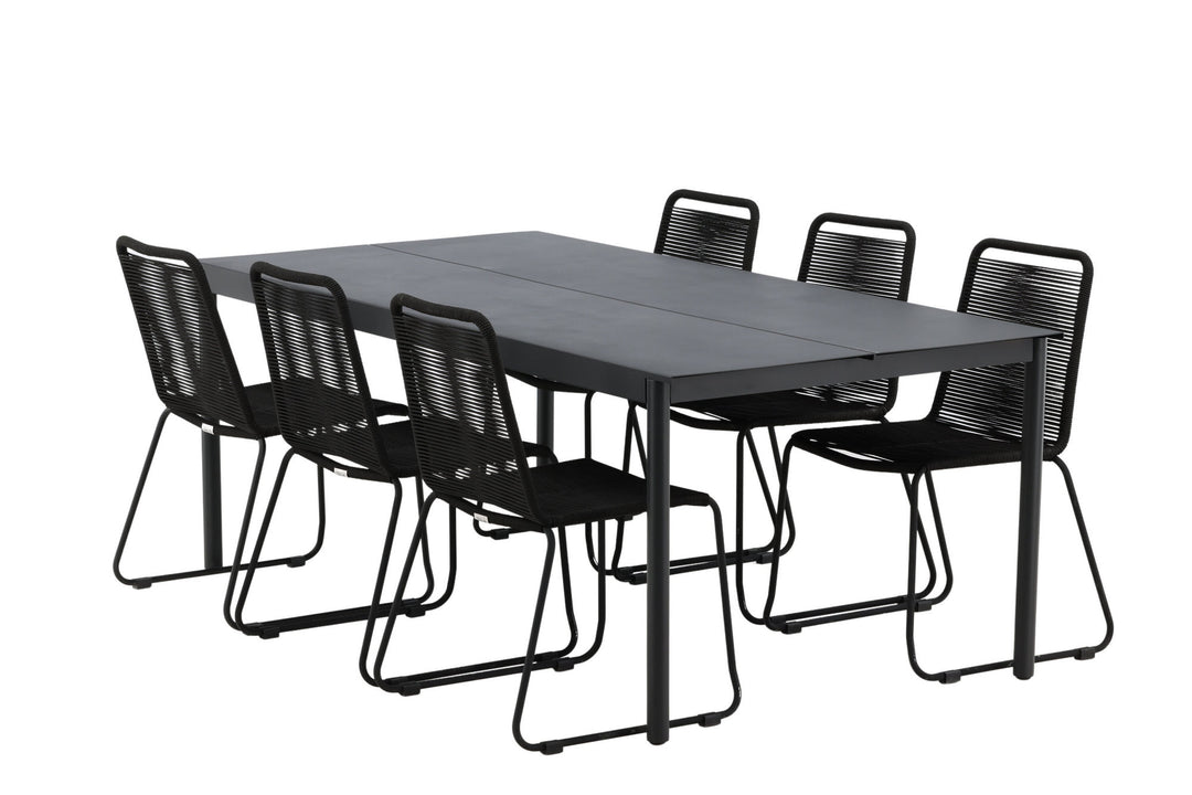 Venture Home Modena - Dining Table- Black - Aluminium - 200*100cm +Lindos Stacking Chair - Black Alu / Black Rope _6