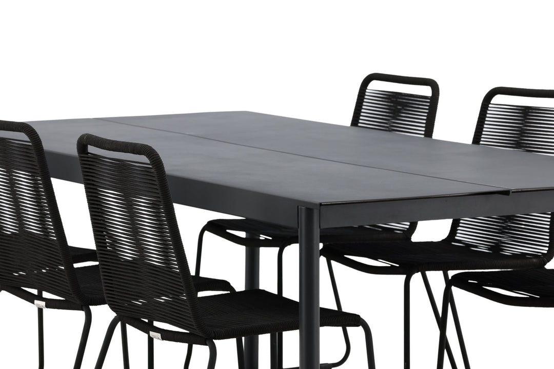 Venture Home Modena - Dining Table- Black - Aluminium - 200*100cm +Lindos Stacking Chair - Black Alu / Black Rope _6