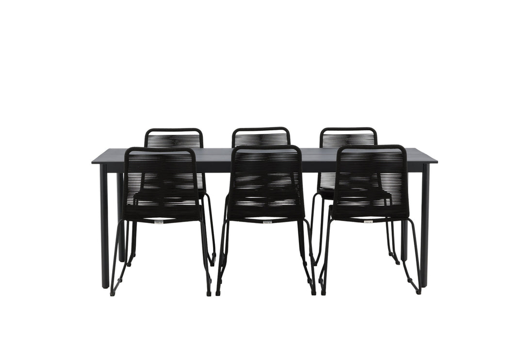 Venture Home Modena - Dining Table- Black - Aluminium - 200*100cm +Lindos Stacking Chair - Black Alu / Black Rope _6