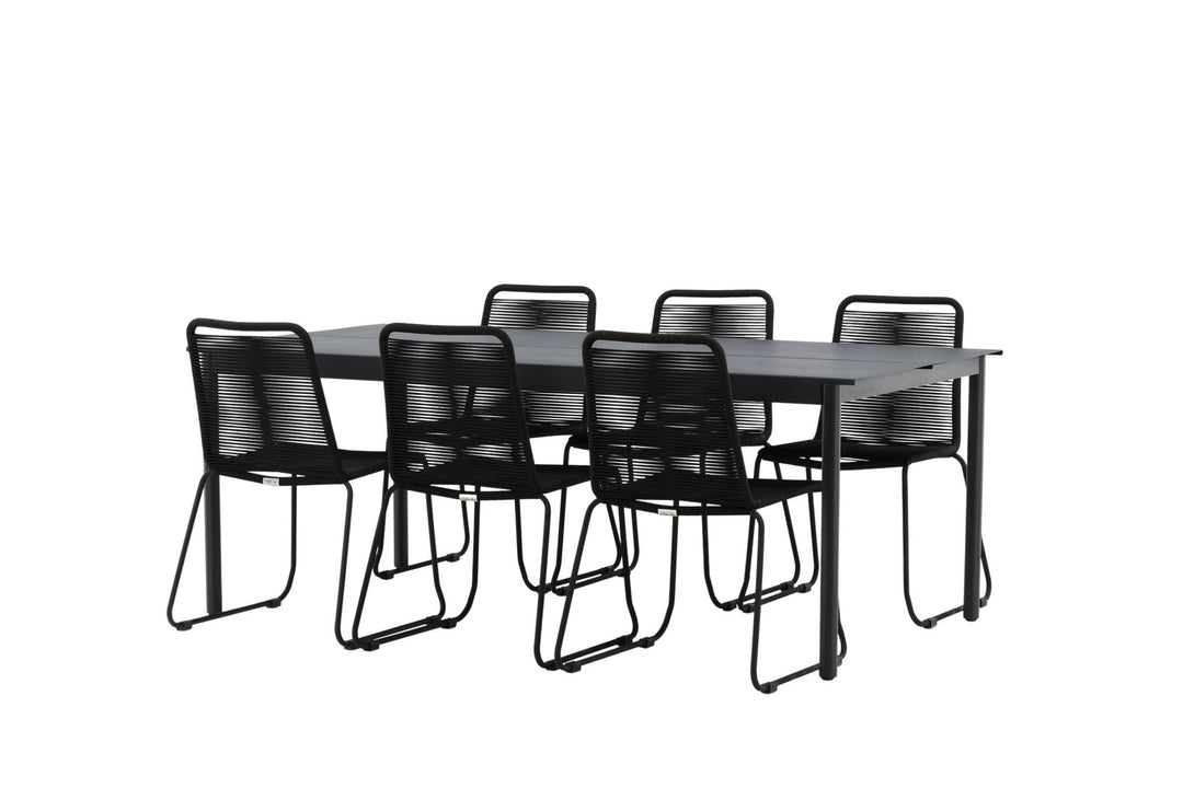 Venture Home Modena - Dining Table- Black - Aluminium - 200*100cm +Lindos Stacking Chair - Black Alu / Black Rope _6