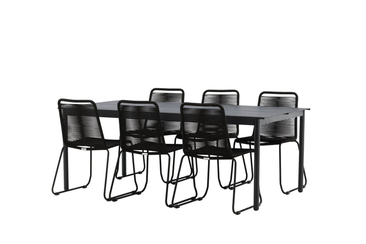 Venture Home Modena - Dining Table- Black - Aluminium - 200*100cm +Lindos Stacking Chair - Black Alu / Black Rope _6