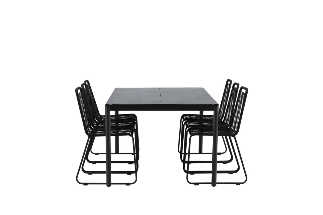 Venture Home Modena - Dining Table- Black - Aluminium - 200*100cm +Lindos Stacking Chair - Black Alu / Black Rope _6
