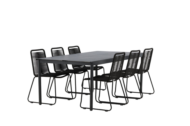 Venture Home Modena - Dining Table- Black - Aluminium - 200*100cm +Lindos Stacking Chair - Black Alu / Black Rope _6