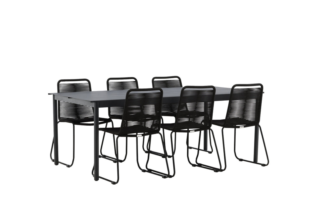 Venture Home Modena - Dining Table- Black - Aluminium - 200*100cm +Lindos Stacking Chair - Black Alu / Black Rope _6