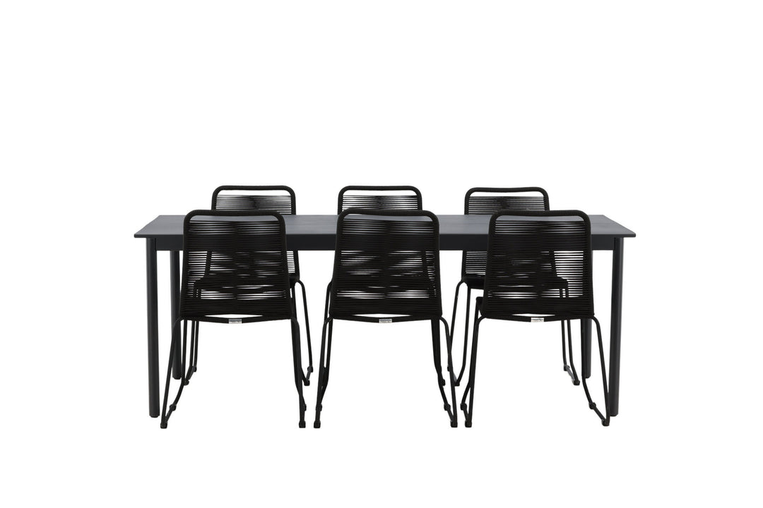 Venture Home Modena - Dining Table- Black - Aluminium - 200*100cm +Lindos Stacking Chair - Black Alu / Black Rope _6