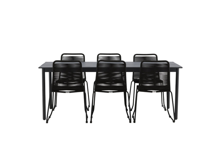 Venture Home Modena - Dining Table- Black - Aluminium - 200*100cm +Lindos Stacking Chair - Black Alu / Black Rope _6