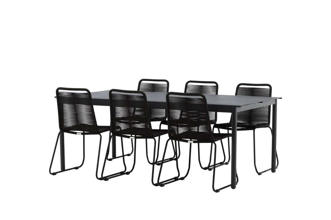 Venture Home Modena - Dining Table- Black - Aluminium - 200*100cm +Lindos Stacking Chair - Black Alu / Black Rope _6