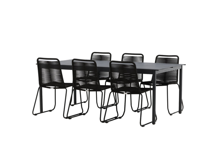 Venture Home Modena - Dining Table- Black - Aluminium - 200*100cm +Lindos Stacking Chair - Black Alu / Black Rope _6
