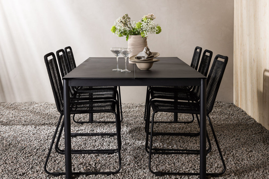 Venture Home Modena - Dining Table- Black - Aluminium - 200*100cm +Lindos Stacking Chair - Black Alu / Black Rope _6