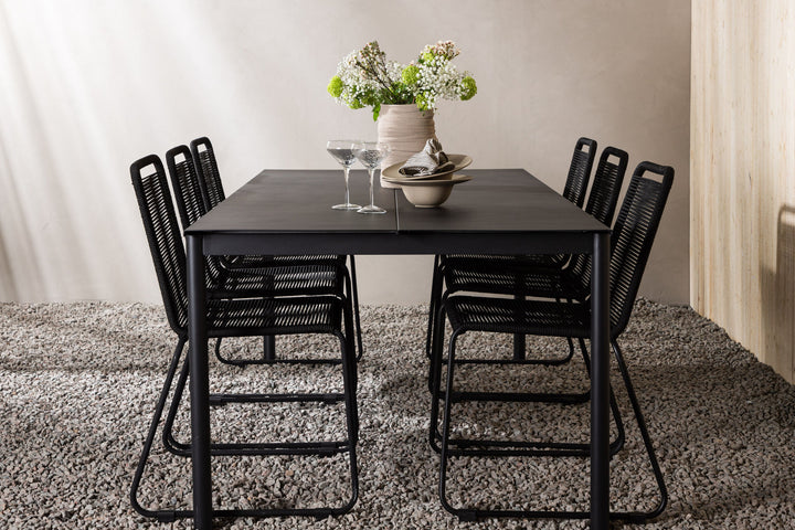 Venture Home Modena - Dining Table- Black - Aluminium - 200*100cm +Lindos Stacking Chair - Black Alu / Black Rope _6