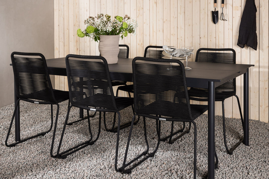 Venture Home Modena - Dining Table- Black - Aluminium - 200*100cm +Lindos Stacking Chair - Black Alu / Black Rope _6