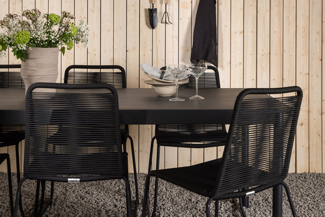 Venture Home Modena - Dining Table- Black - Aluminium - 200*100cm +Lindos Stacking Chair - Black Alu / Black Rope _6