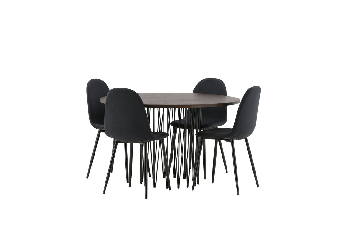 Venture Home Stone round Dining Table - Black / Mocca Veneer +Polar Dining Chair - Black Legs - Black Fabric _4