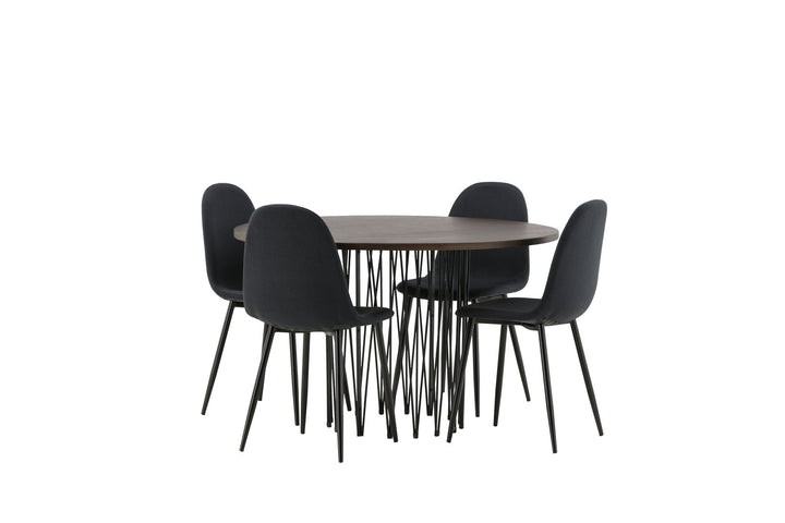 Venture Home Stone round Dining Table - Black / Mocca Veneer +Polar Dining Chair - Black Legs - Black Fabric _4