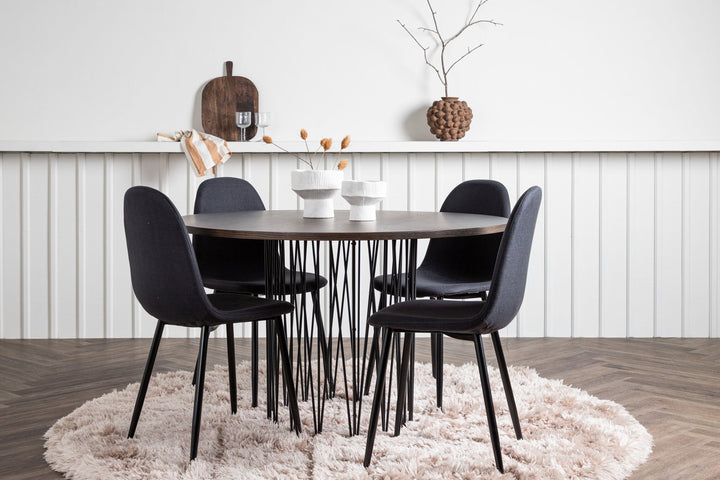 Venture Home Stone round Dining Table - Black / Mocca Veneer +Polar Dining Chair - Black Legs - Black Fabric _4