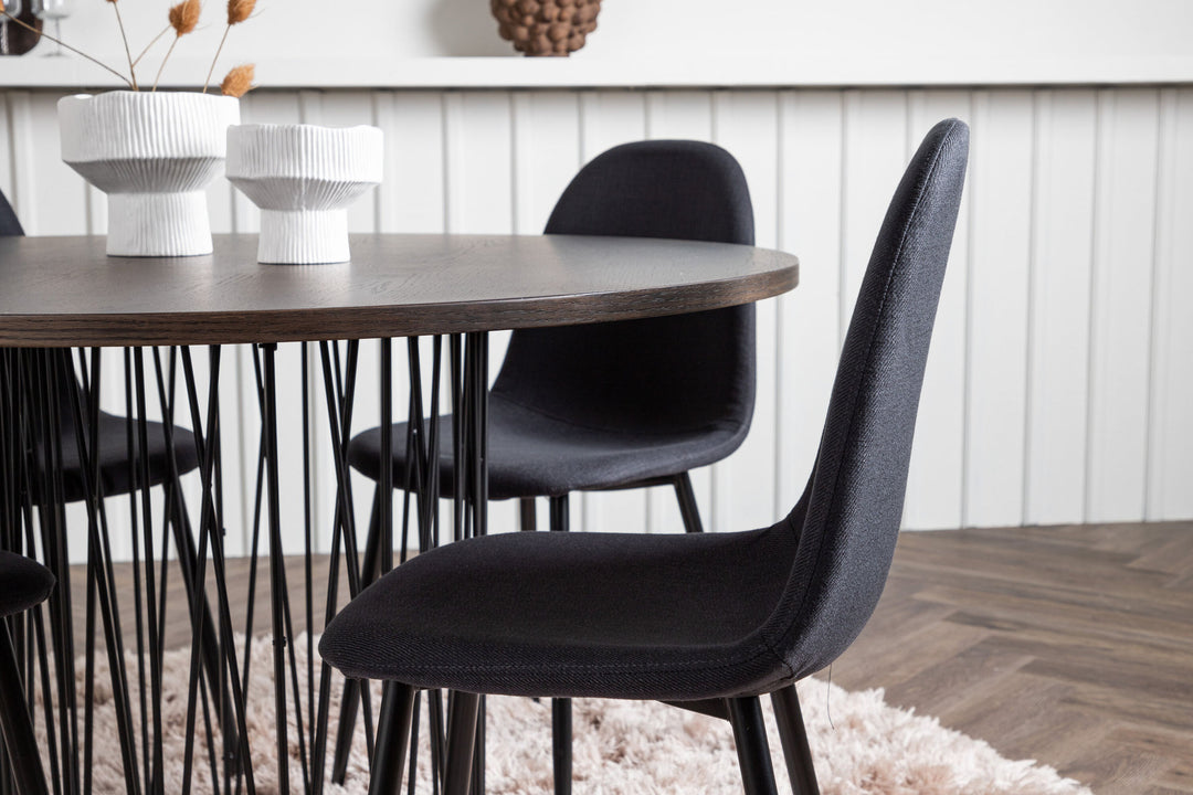 Venture Home Stone round Dining Table - Black / Mocca Veneer +Polar Dining Chair - Black Legs - Black Fabric _4