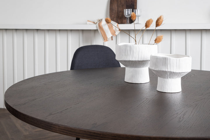 Venture Home Stone round Dining Table - Black / Mocca Veneer +Polar Dining Chair - Black Legs - Black Fabric _4