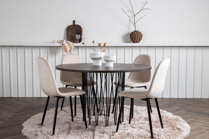 Venture Home Stone round Dining Table - Black / Mocca Veneer +Polar Dining Chair - Black legs / Beige Velvet _4