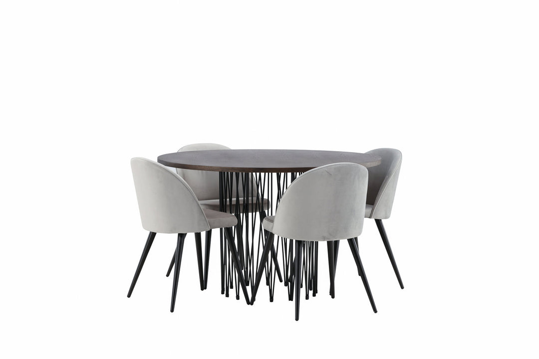 Venture Home Stone round Dining Table - Black / Mocca Veneer +Velvet Dining Chair - Light Grey / Black _4
