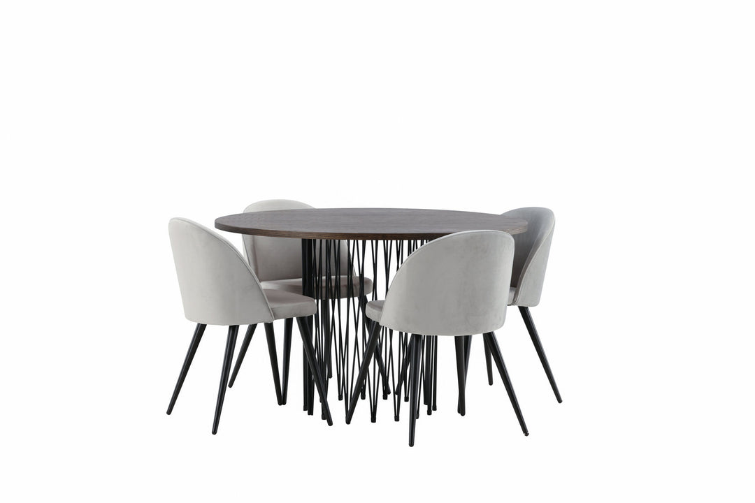 Venture Home Stone round Dining Table - Black / Mocca Veneer +Velvet Dining Chair - Light Grey / Black _4