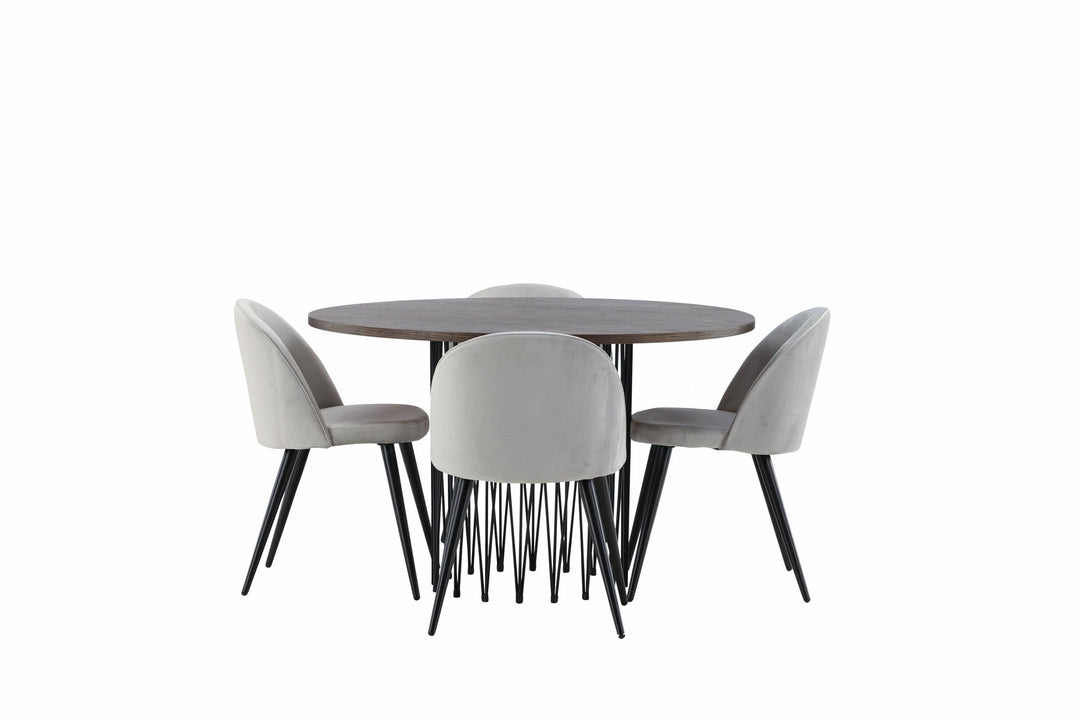 Venture Home Stone round Dining Table - Black / Mocca Veneer +Velvet Dining Chair - Light Grey / Black _4