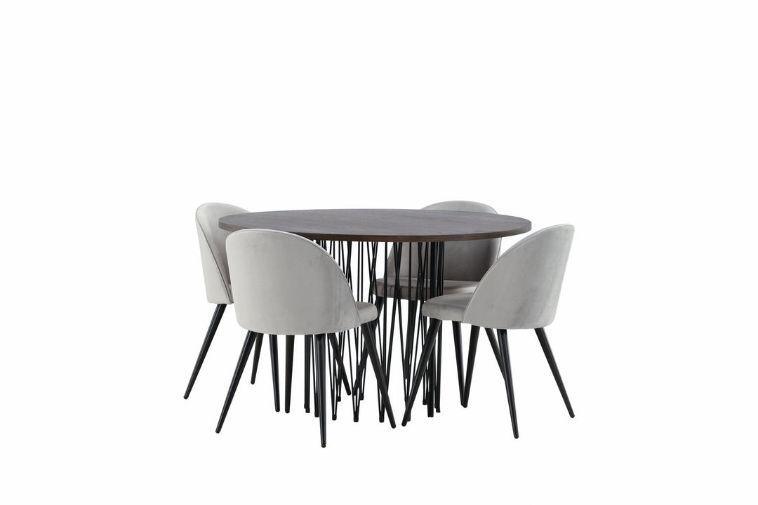 Venture Home Stone round Dining Table - Black / Mocca Veneer +Velvet Dining Chair - Light Grey / Black _4