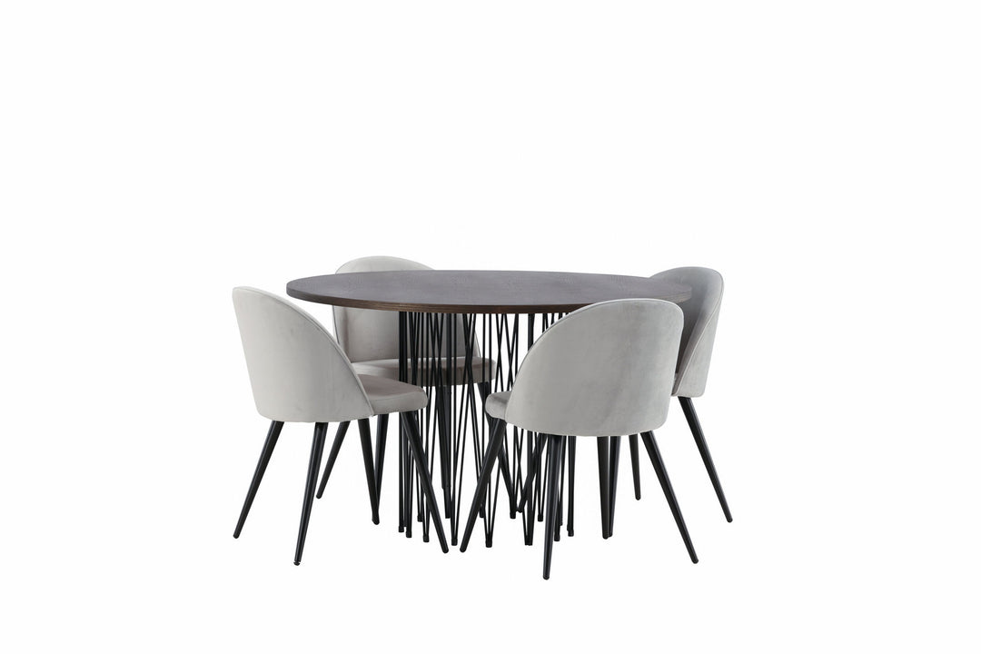 Venture Home Stone round Dining Table - Black / Mocca Veneer +Velvet Dining Chair - Light Grey / Black _4