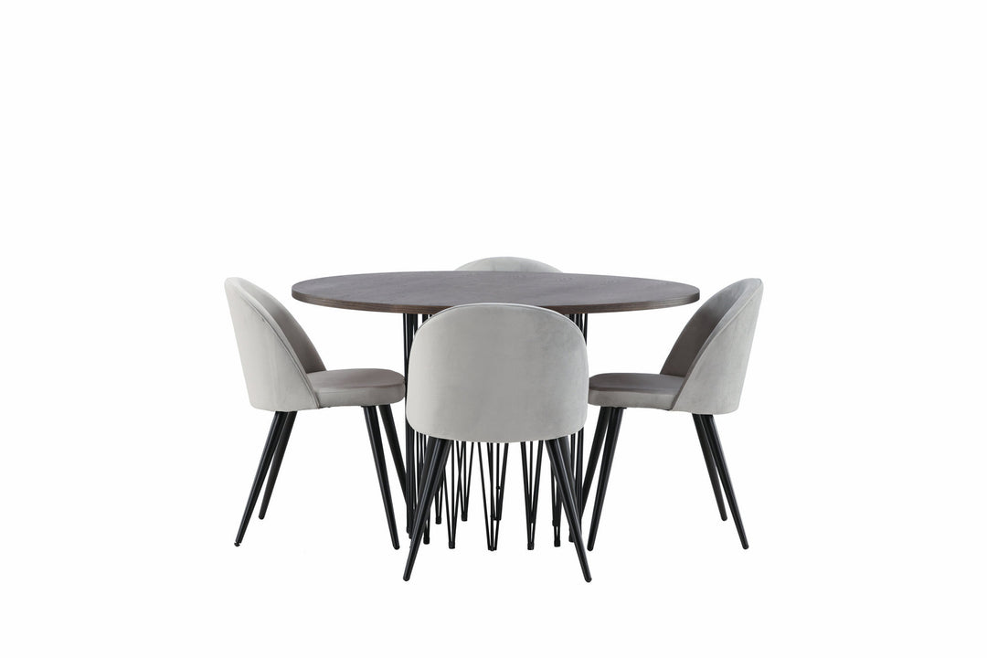 Venture Home Stone round Dining Table - Black / Mocca Veneer +Velvet Dining Chair - Light Grey / Black _4