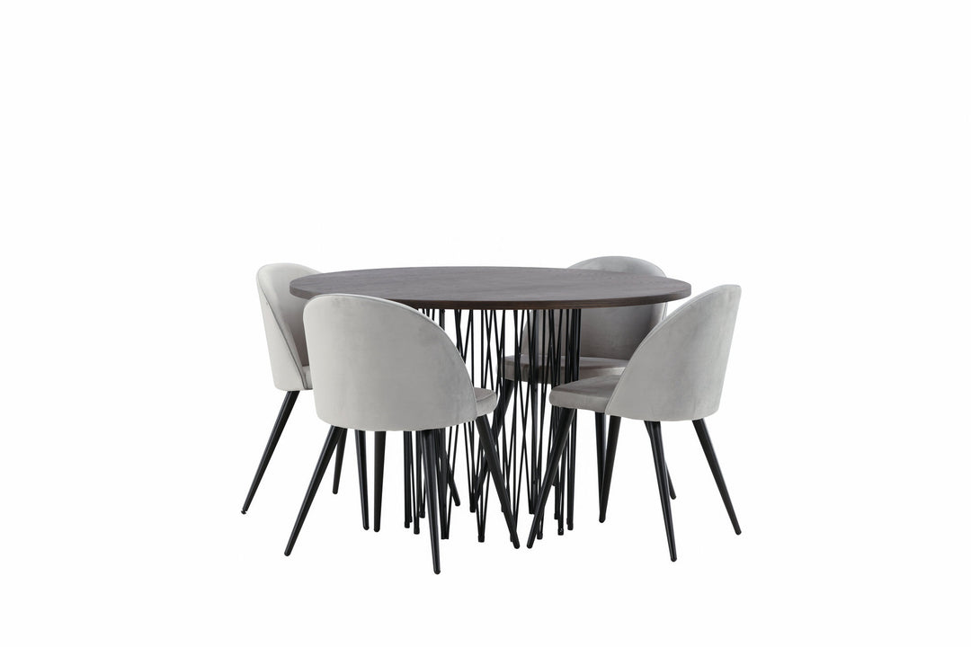 Venture Home Stone round Dining Table - Black / Mocca Veneer +Velvet Dining Chair - Light Grey / Black _4