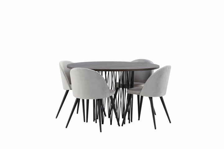 Venture Home Stone round Dining Table - Black / Mocca Veneer +Velvet Dining Chair - Light Grey / Black _4